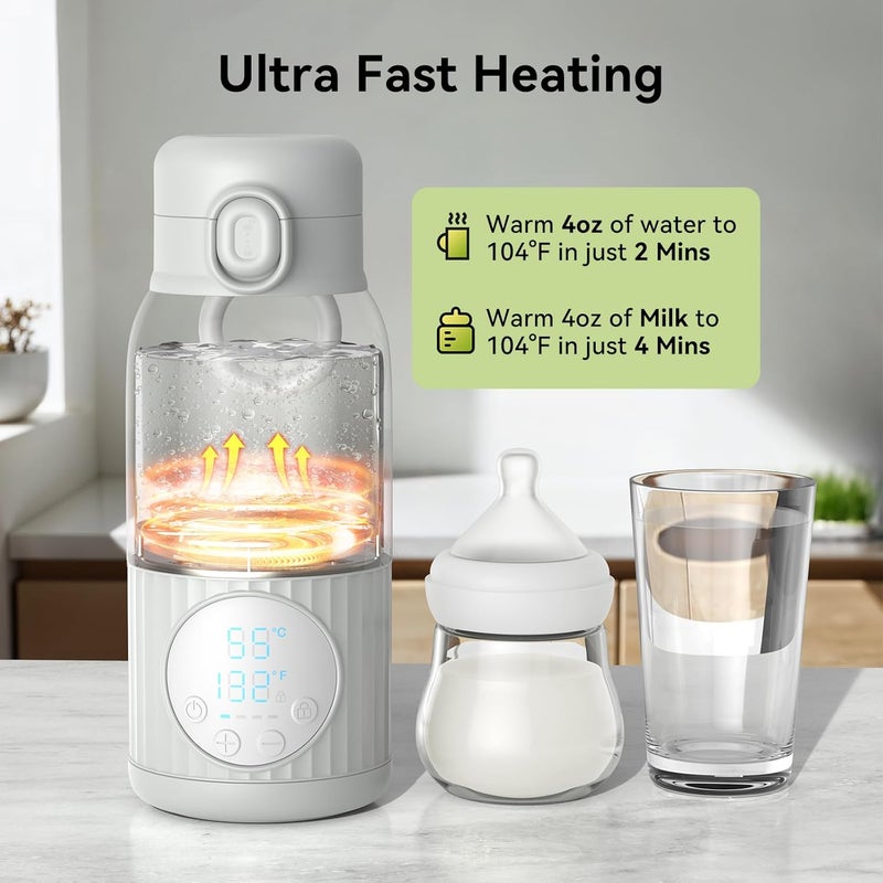 APZOKI Portable Baby Bottle Warmer for Breast Milk, 100W Fast Heating & Precise Temp Control for Formula, Water, 13.5oz Large Capacity Milk Warmer for Travel, Car, Outdoors (Grey) - Image 3